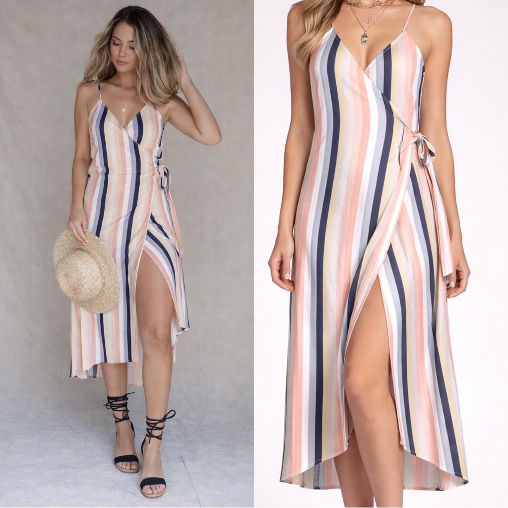 Saltwater Luxe Vertical Stripe Wrap Midi Dress Sz Xs